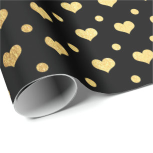 Golden Polka Dots Hearts Confetti Black Metallic Cadeaupapier