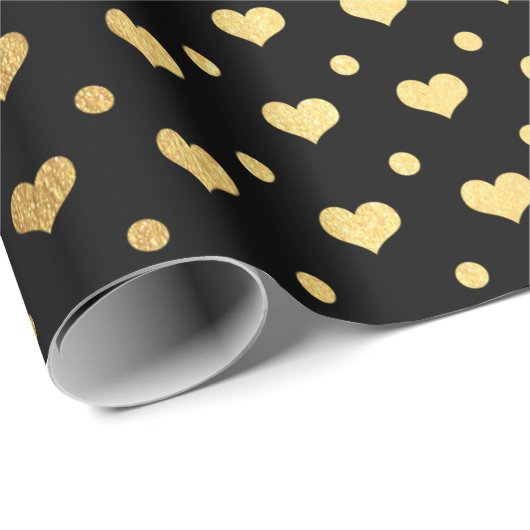 Golden Polka Dots Hearts Confetti Zwart Metallic Cadeaupapier (Rol Hoek)