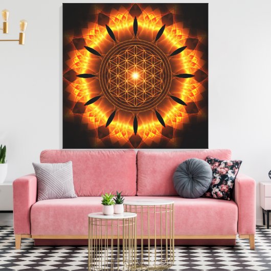 golden power mandala with flower of life symbol canvas afdruk (Insitu (Woonkamer))