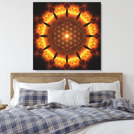 golden power mandala with flower of life symbol canvas afdruk (Insitu (Slaapkamer))