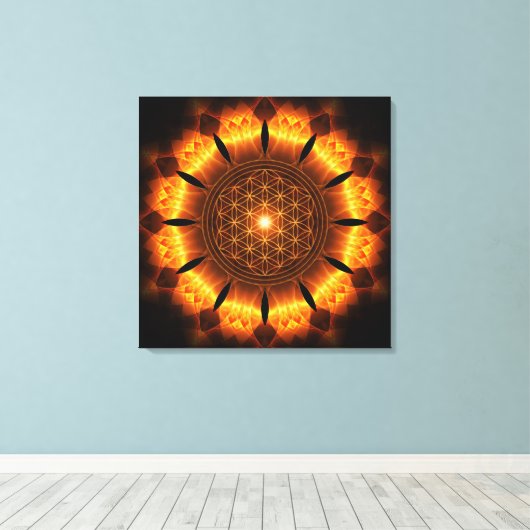 golden power mandala with flower of life symbol canvas afdruk (Insitu (Houten vloer))