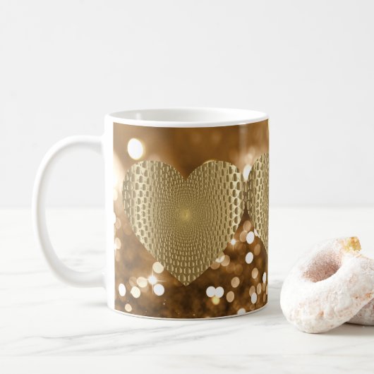 Golden Prismatic Heart Bokeh Faux Glitter Koffiemok (Met donut)