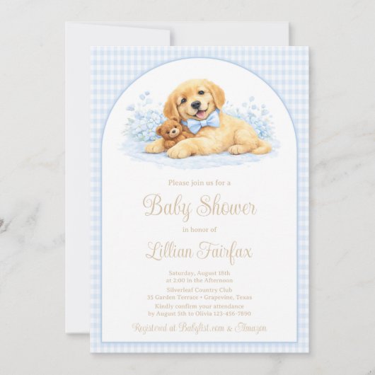 Golden Puppy Baby Shower Invitation for Boy – Blue Kaart (Voorkant)