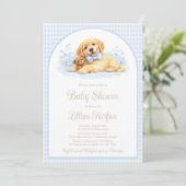 Golden Puppy Baby Shower Invitation for Boy – Blue Kaart (Staand voorkant)