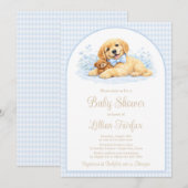 Golden Puppy Baby Shower Invitation for Boy – Blue Kaart (Voorkant / Achterkant)