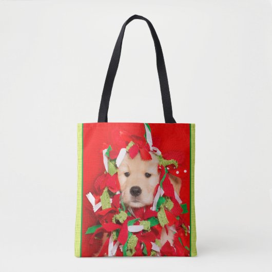 Golden Puppy Tangled in kerstgarland Tote Bag (Voorkant)