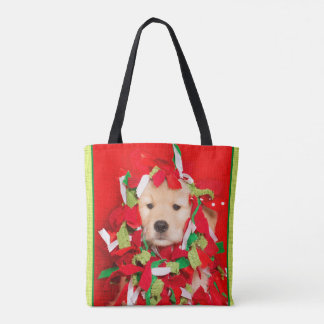 Golden Puppy Tangled in kerstgarland Tote Bag