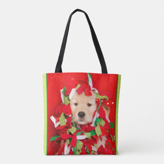 Golden Puppy Tangled in kerstgarland Tote Bag (Achterkant)