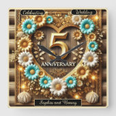 Golden Radiance: 5e Jubileum Celebration Art Vierkante Klok (Voorkant)