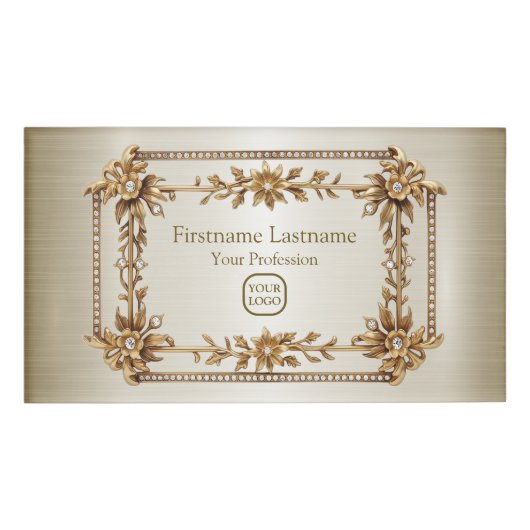 Golden  Rechthoek Dimond Flowers Shiny Naambadge (Voorkant)