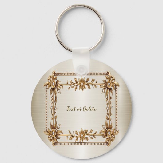 Golden  Rechthoek Dimond Flowers Shiny Sleutelhanger (Voorkant)