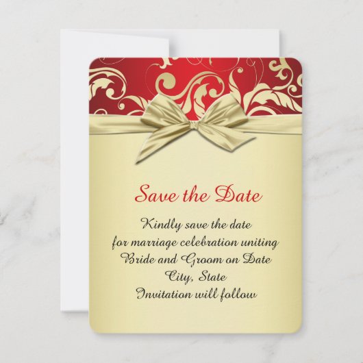 Golden Red Elegant Damask Dream Red de datum Save The Date (Voorkant)
