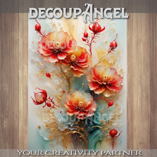 Golden Red Floral Elegance - Decoupage - Tissuepapier