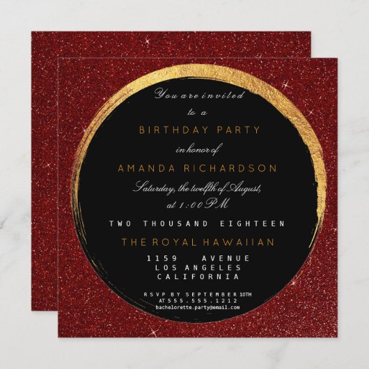 Golden Red Glitter Geometric Vip Birthday Party Kaart (Voorkant / Achterkant)