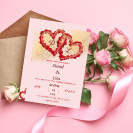 Golden red hearts wedding uitnodiging