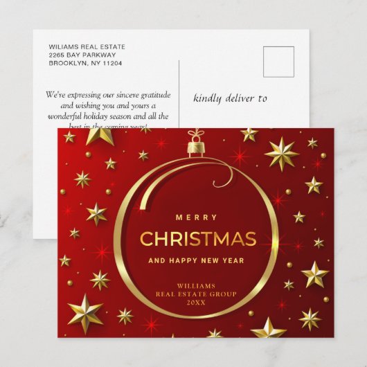 Golden Red Kerstkerstornament Corporate Greeting Briefkaart (Voorkant / Achterkant)