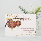 Golden Red Lantaarns Cherry Tree Fu Chinese bruilo Kaart (Staand voorkant)