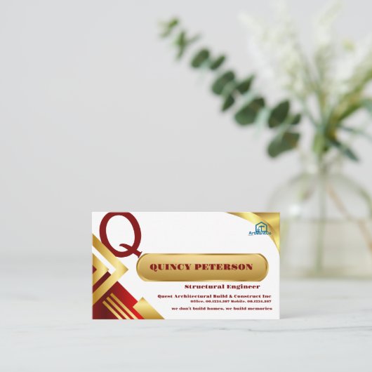 Golden & Red Layers Monogram Initial Founder CEO Visitekaartje (Staand voorkant)