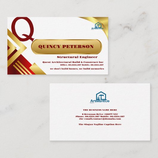 Golden & Red Layers Monogram Initial Founder CEO Visitekaartje (Voorkant / Achterkant)