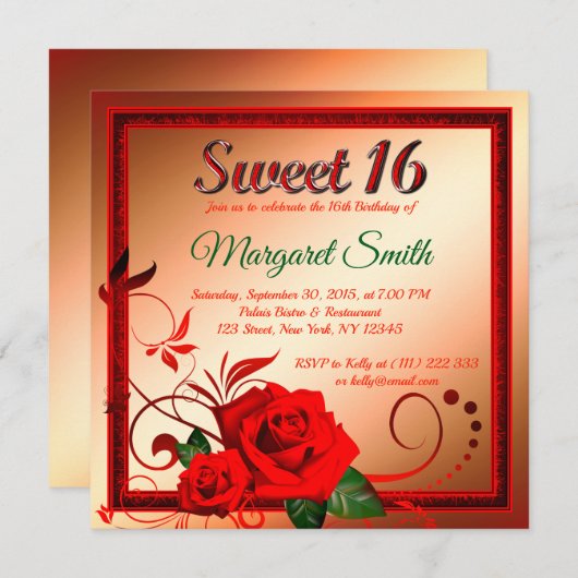 Golden red rose, zoete roos 16 uitnodiging (Voorkant / Achterkant)