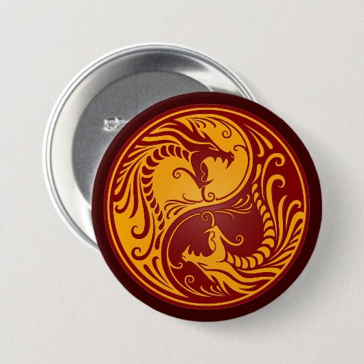 Golden Red Yin Yang Dragons Ronde Button 7,6 Cm (Voorkant /achterkant)