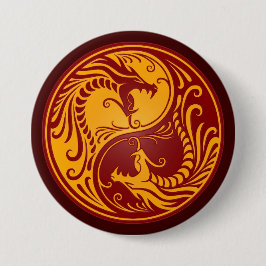 Golden Red Yin Yang Dragons Ronde Button 7,6 Cm