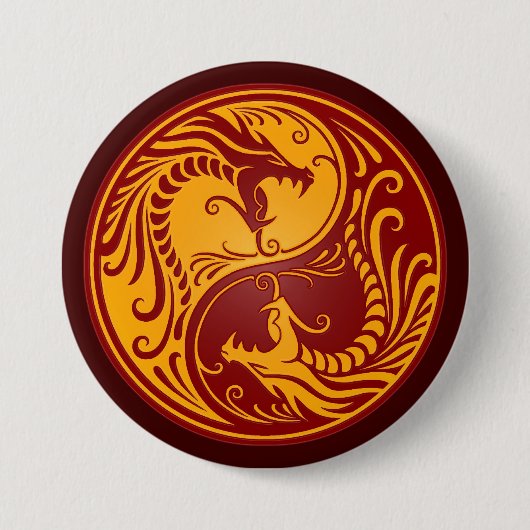 Golden Red Yin Yang Dragons Ronde Button 7,6 Cm (Voorkant)