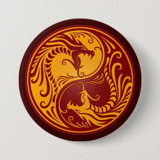 Golden Red Yin Yang Dragons Ronde Button 7,6 Cm