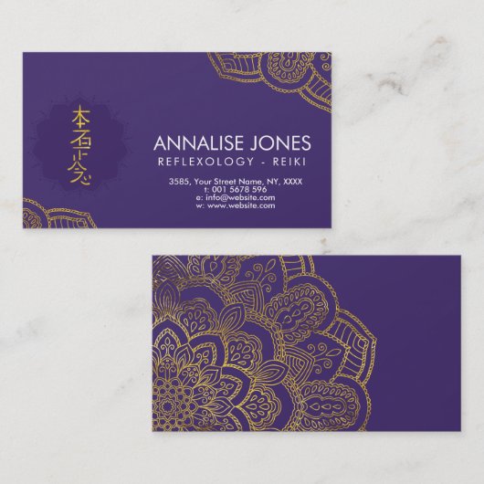 Golden Reiki Het genezingssymbool op paars in lotu Visitekaartje (Voorkant / Achterkant)