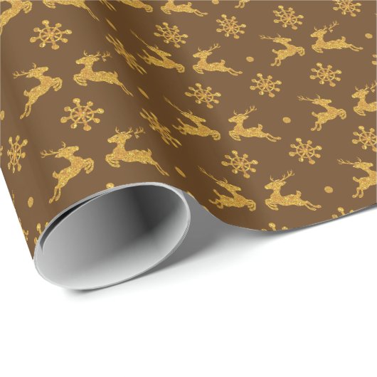 Golden Reindeer Brown Wrapping Paper Cadeaupapier (Rol Hoek)