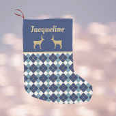 Golden Reindeer en Blue Argyle Pattern Holiday Kleine Kerstsok