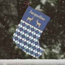 Golden Reindeer en Blue Argyle Pattern Holiday