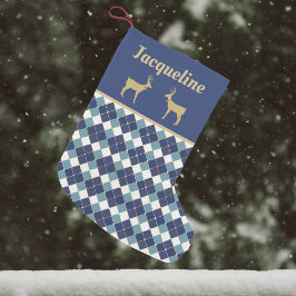 Golden Reindeer en Blue Argyle Pattern Holiday Kleine Kerstsok