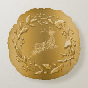 Golden Reindeer en Wreath Gold Kerstmis Rond Kussen