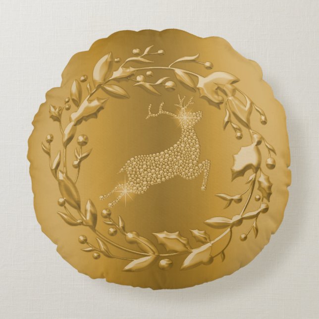 Golden Reindeer en Wreath Gold Kerstmis Rond Kussen (Voorkant)
