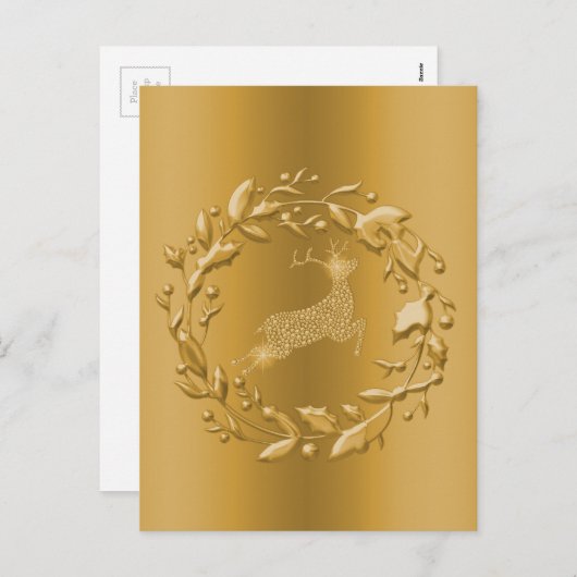 Golden Reindeer en Wreath Kerstmis Feestdagenkaart (Voorkant / Achterkant)