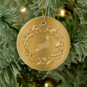 Golden Reindeer en Wreath Kerstmis Keramisch Ornament