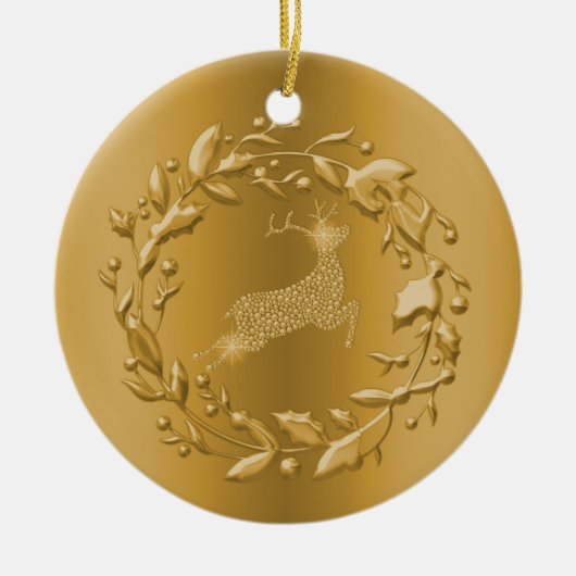 Golden Reindeer en Wreath Kerstmis Keramisch Ornament (Voorkant)