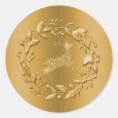 Golden Reindeer en Wreath Kerstmis Ronde Sticker (Voorkant)