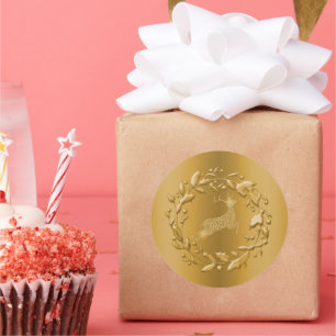 Golden Reindeer en Wreath Kerstmis Ronde Sticker