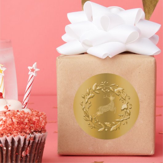 Golden Reindeer en Wreath Kerstmis Ronde Sticker (Feest)