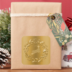 Golden Reindeer en Wreath Kerstmis Vierkante Sticker