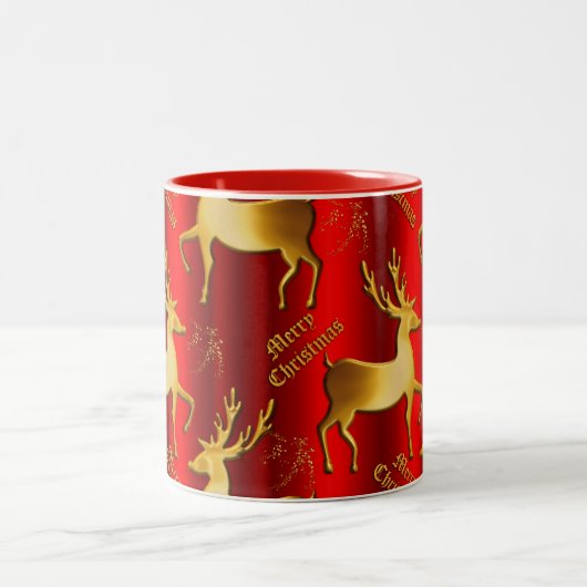 Golden Reindeer op Rode Kerstmis Tweekleurige Koffiemok (Center)