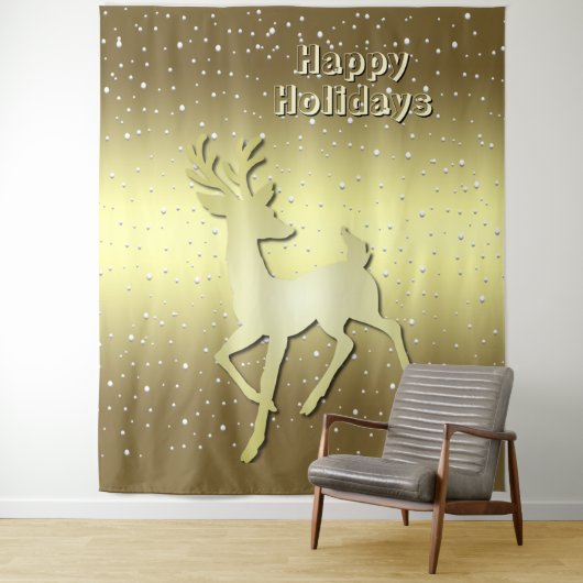 Golden Reindeer Snowy Holiday Backdrop Wandkleed (In situ)