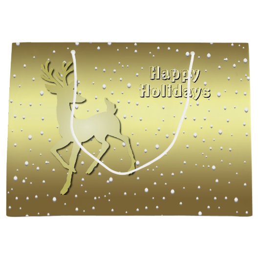 Golden Reindeer Snowy Holiday Gift Bag Groot Cadeauzakje (Voorkant)