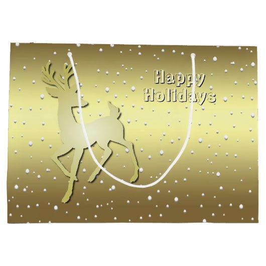 Golden Reindeer Snowy Holiday Gift Bag Groot Cadeauzakje (Achterkant)