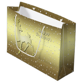 Golden Reindeer Snowy Holiday Gift Bag Groot Cadeauzakje