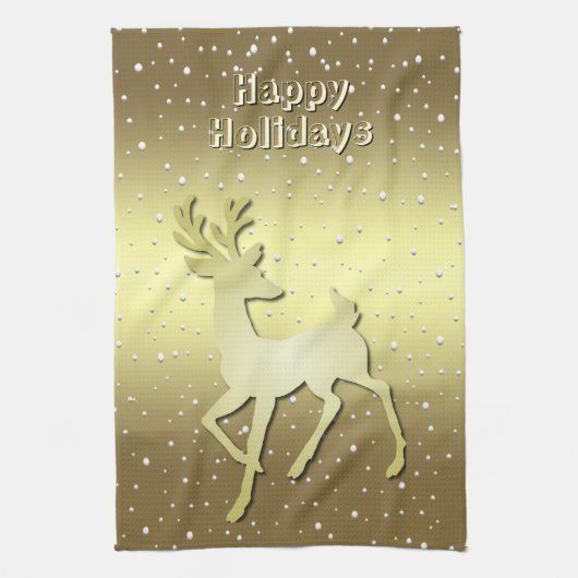 Golden Reindeer Snowy Holiday Kitchen Towel Theedoek (Verticaal)