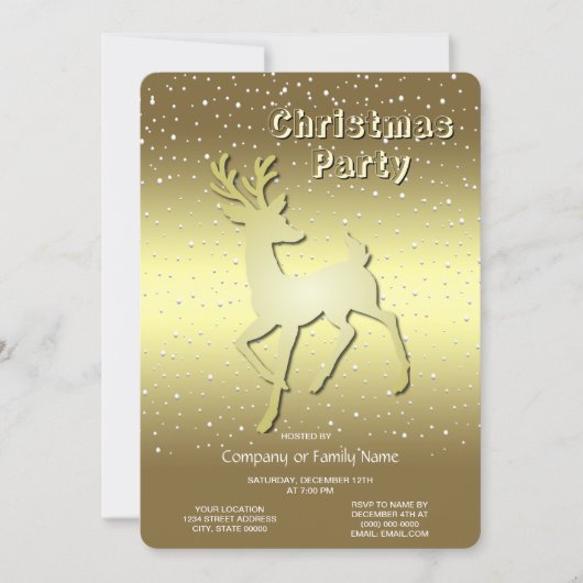 Golden Reindeer Snowy Holiday Party Invitation Kaart (Voorkant)