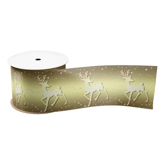 Golden Reindeer Snowy Holiday Satin Ribbon Satijnen Lint (Spoel)